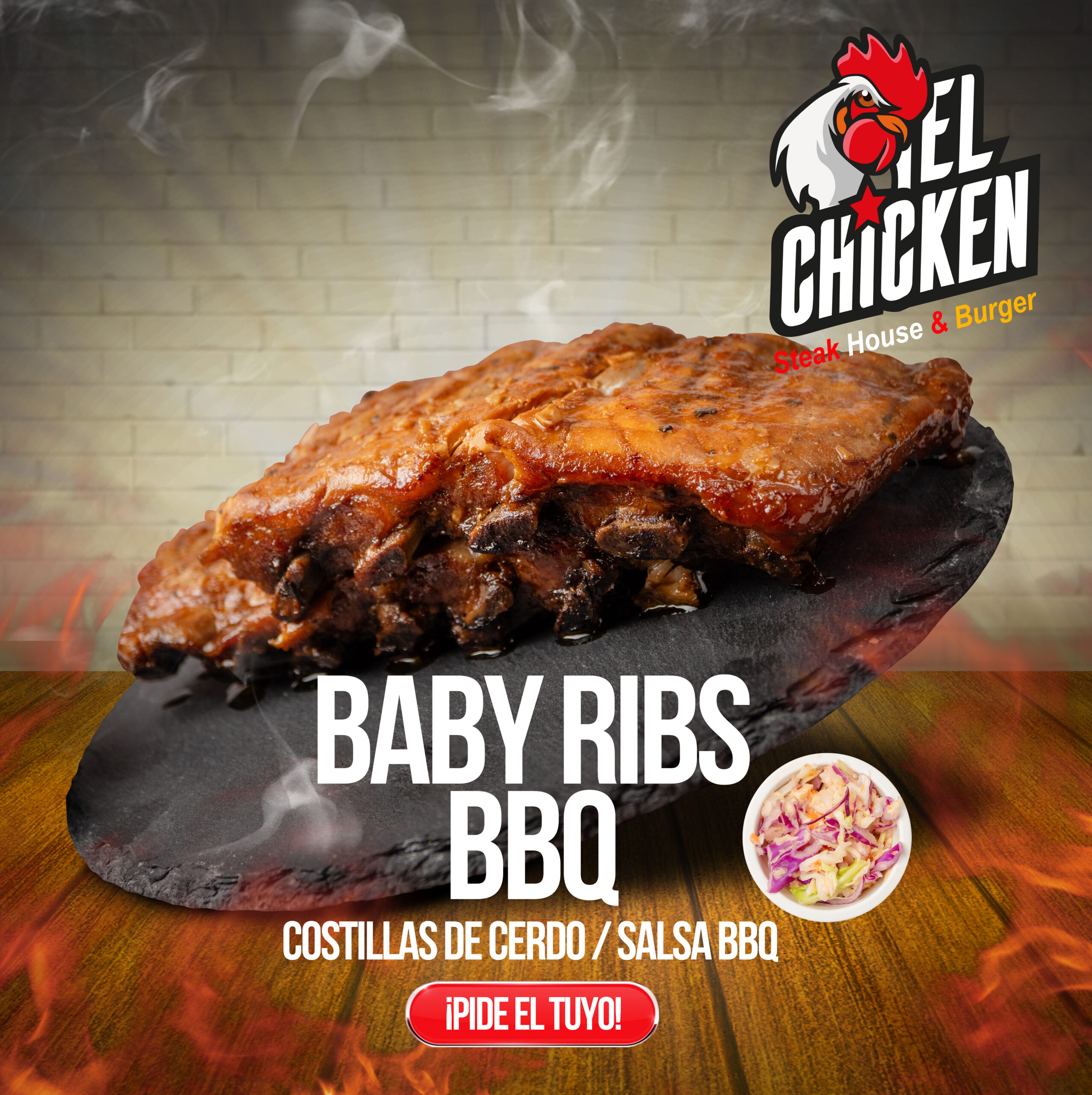 Promo 3: Costillar baby ribs 1 papas fritas grande 1 bebida 1,5 lts.